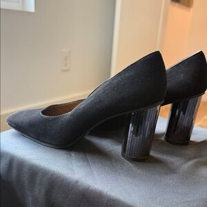 Vintage Stuart Weitzman Black Suede Pointed Block Mirrored Heel Pumps